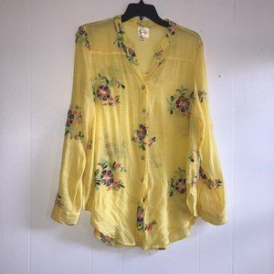 Fig & Flower Blouse Anthropologie Boho Embroidered Floral Gauze Top Yellow Sz L